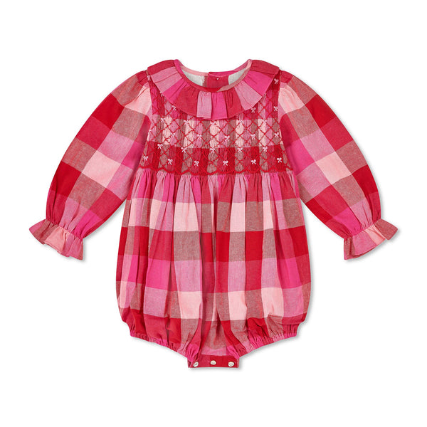 Jane Austen Romper Great Gingham with Crimson Hand Smocking