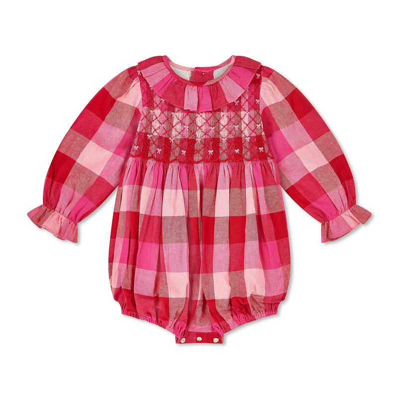 Jane Austen Romper Great Gingham with Crimson Hand Smocking