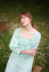 Josefine Butler Dress Kelly Green Seersucker with Cherry Pop Hand Smocking
