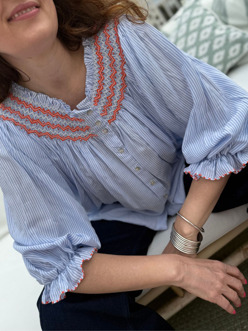 Cleopatra Blouse Summer Skies Cotton with You’ve Been Tango’d Hand Smocking Edition 24