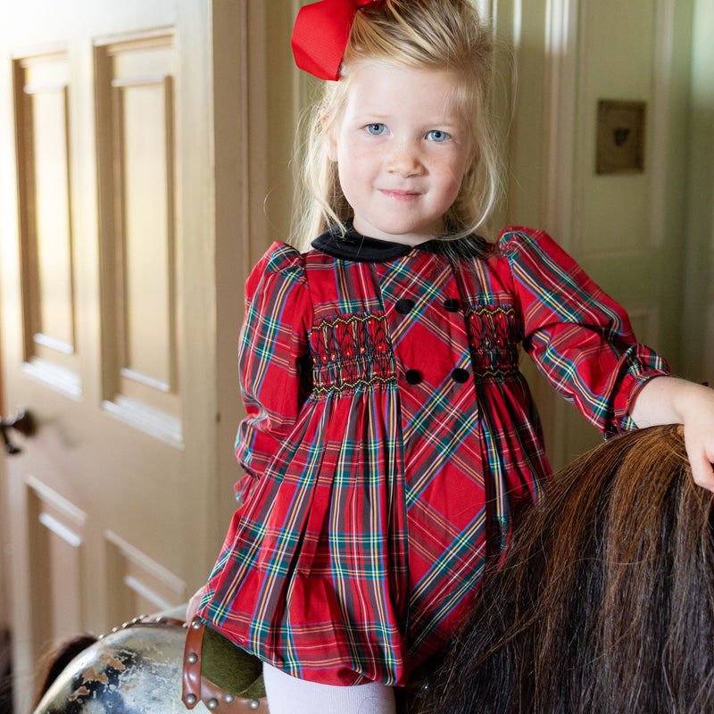 Margaret Thatcher Romper Red Royal Stewart with Nutcracker Hand Smocking