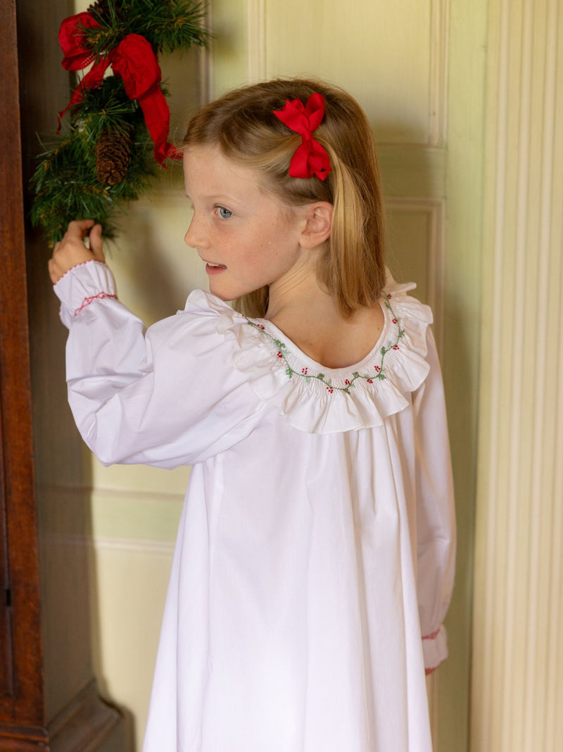 Cassat Girl's Dress Moonstone Cotton with Holly Hand Smocking