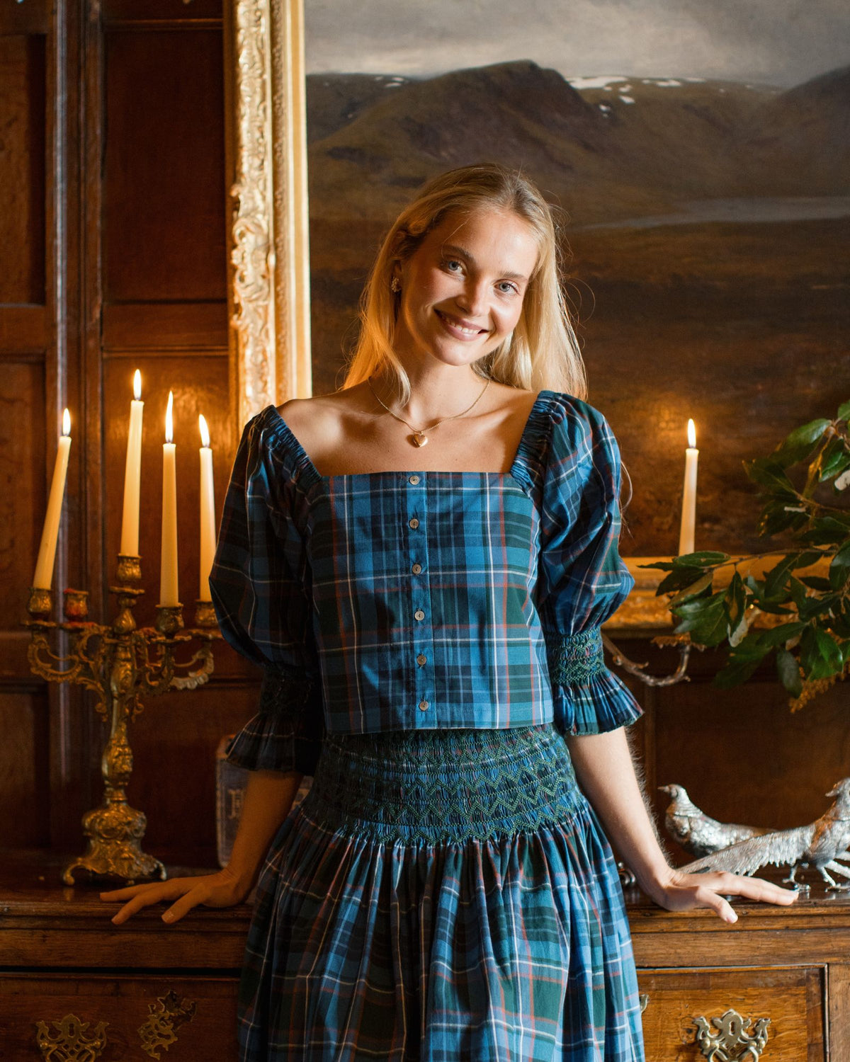 Sappho Blouse St Andrews Tartan with Holly Leaf Hand Smocking