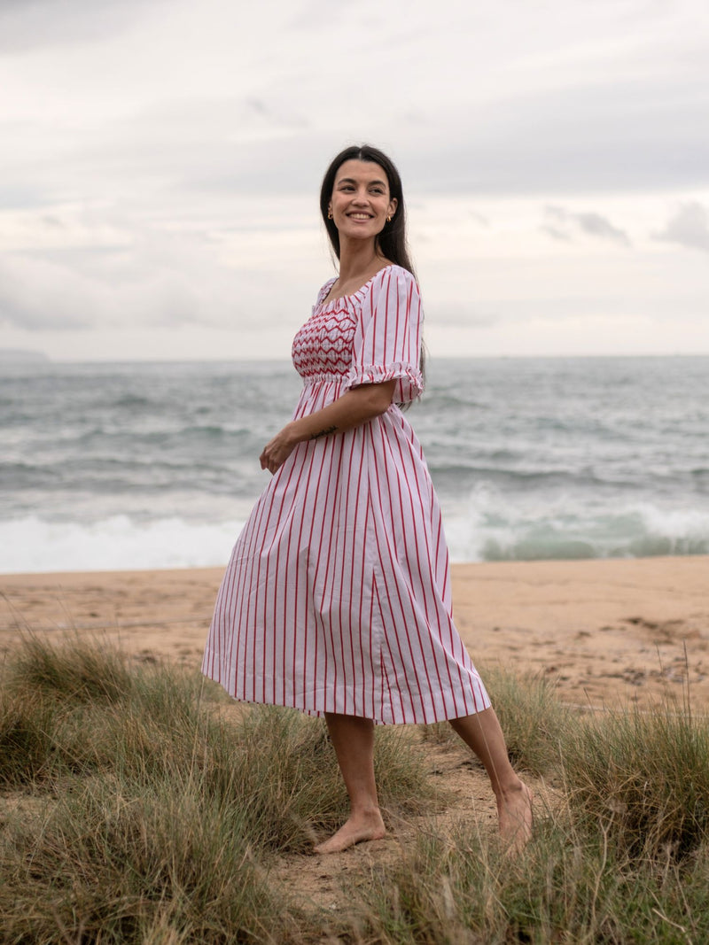Josefine Butler Dress Aquafresh Stripe with Big Apple Hand Smocking