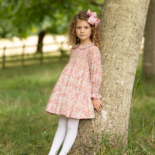 Antoinette Dress with Raspberry Crumble Hand Smocking made with Liberty Poppies & Daisies Fabric