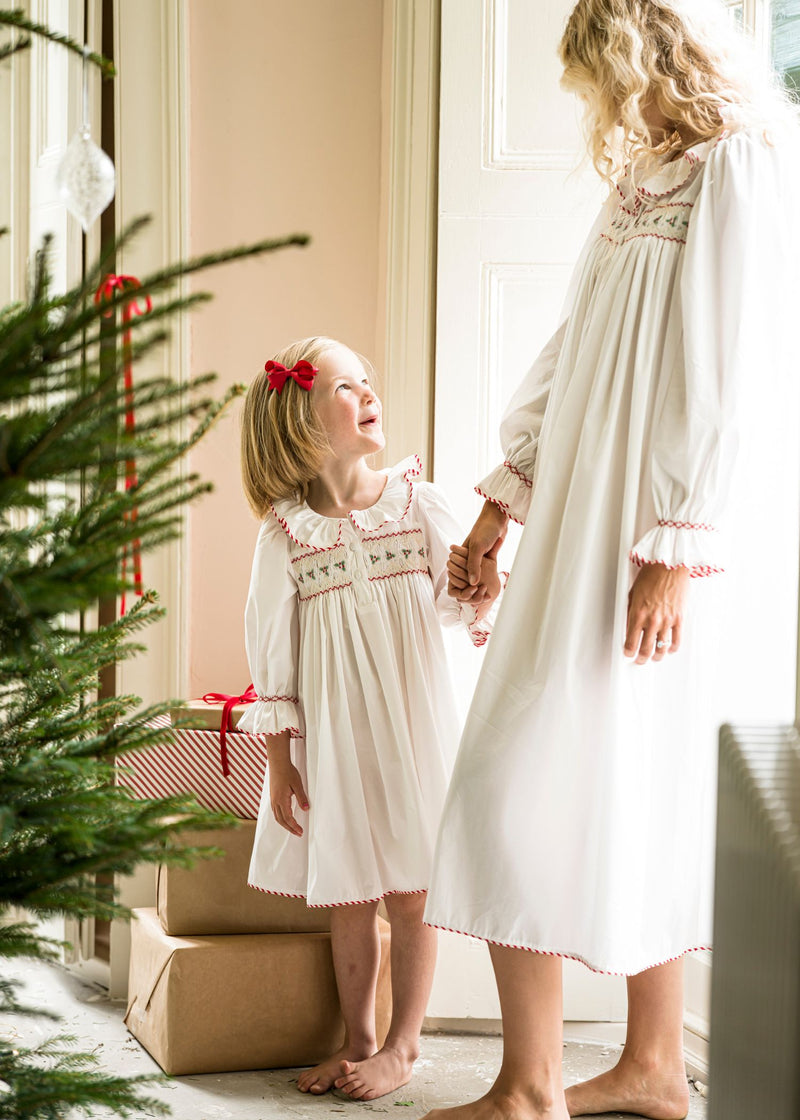 2-3y Samantha Varvel x Smock London Nightingale Girls Dress Moonstone White with Candy Cane Trim and Holly Hand Smocking