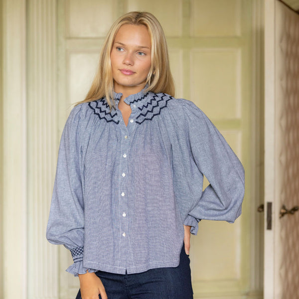 Scholl Blouse Navy Houndstooth with Blackberry Hand Smocking Edition 46