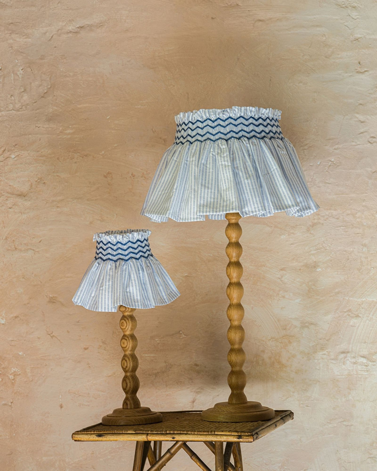 Edit58 x Smock London Elsie Lampshade Spotted Blue Stripe with Sapphire Hand Smocking