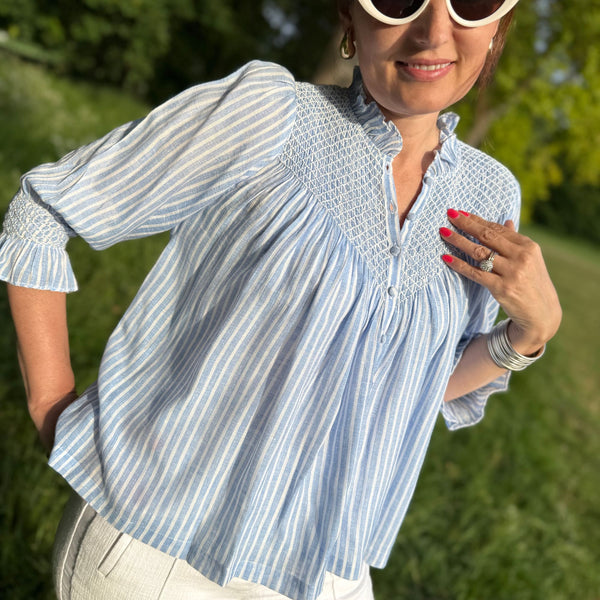 Rosa Parks Blouse  Periwinkle Painted Stripe with Summer White Hand Smocking Edition 9