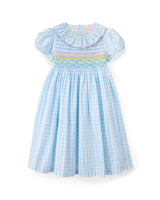 Katherine Johnson Dress Blue Sky Gingham with Rainbow Hand Smocking