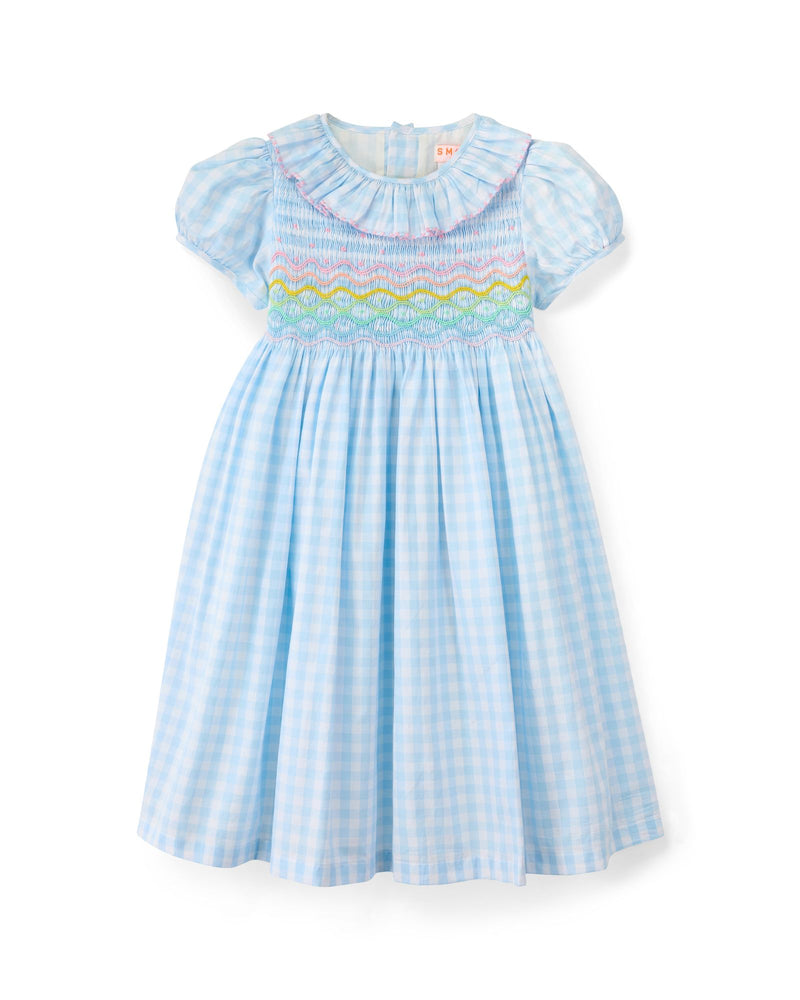 Katherine Johnson Dress Blue Sky Gingham with Rainbow Hand Smocking