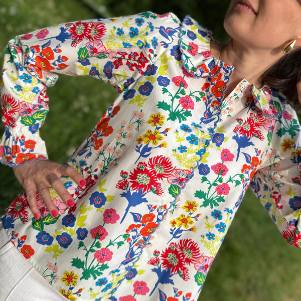 De Beauvoir Blouse Midsummer Flowers with Deep Blue embroidery