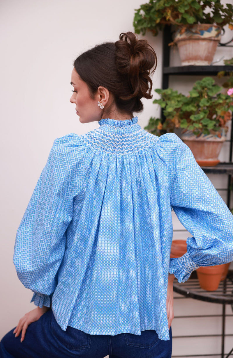 Pom x Smock London Scholl Blouse Paperwhite Ditsy with Snowdrop Hand Smocking Edition 61