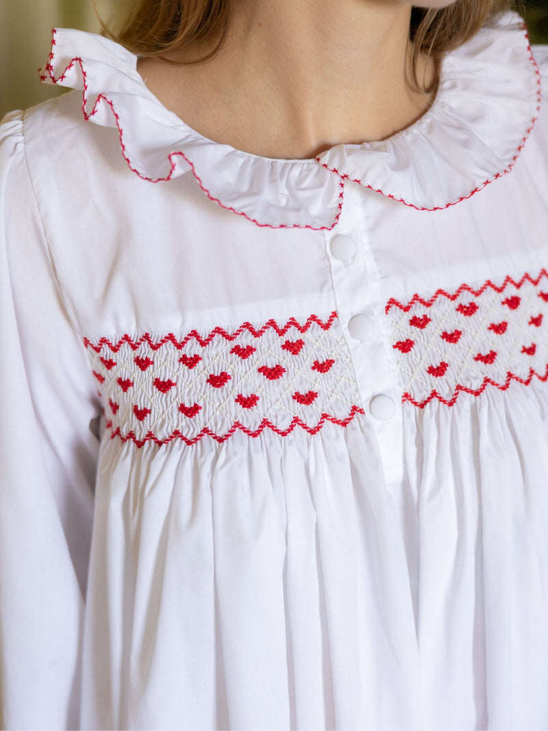 Nightingale Women's Dress Moonstone with Red Hearts Hand Smocking