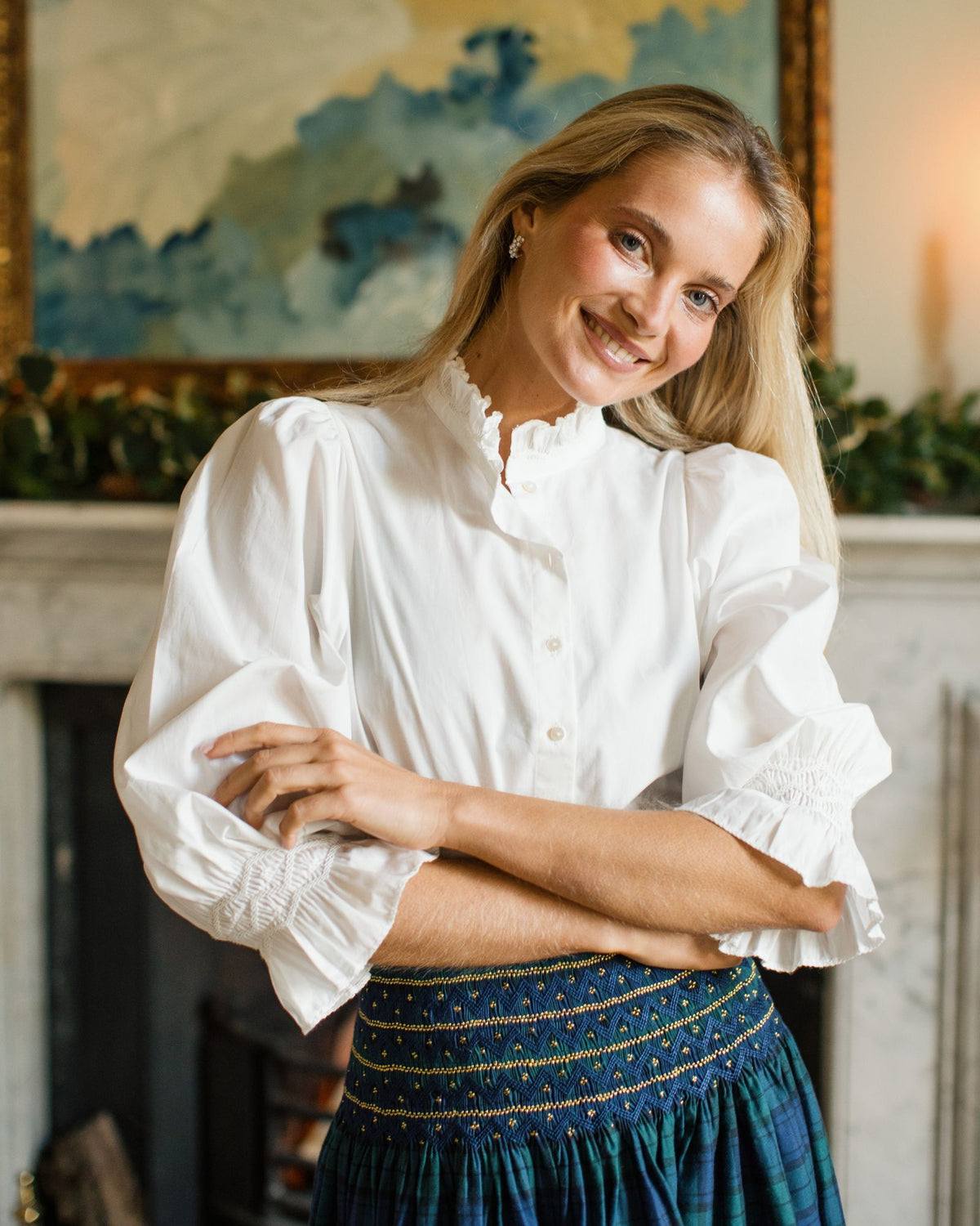 Shelley Blouse White Cotton with Ivory Hand Smocking