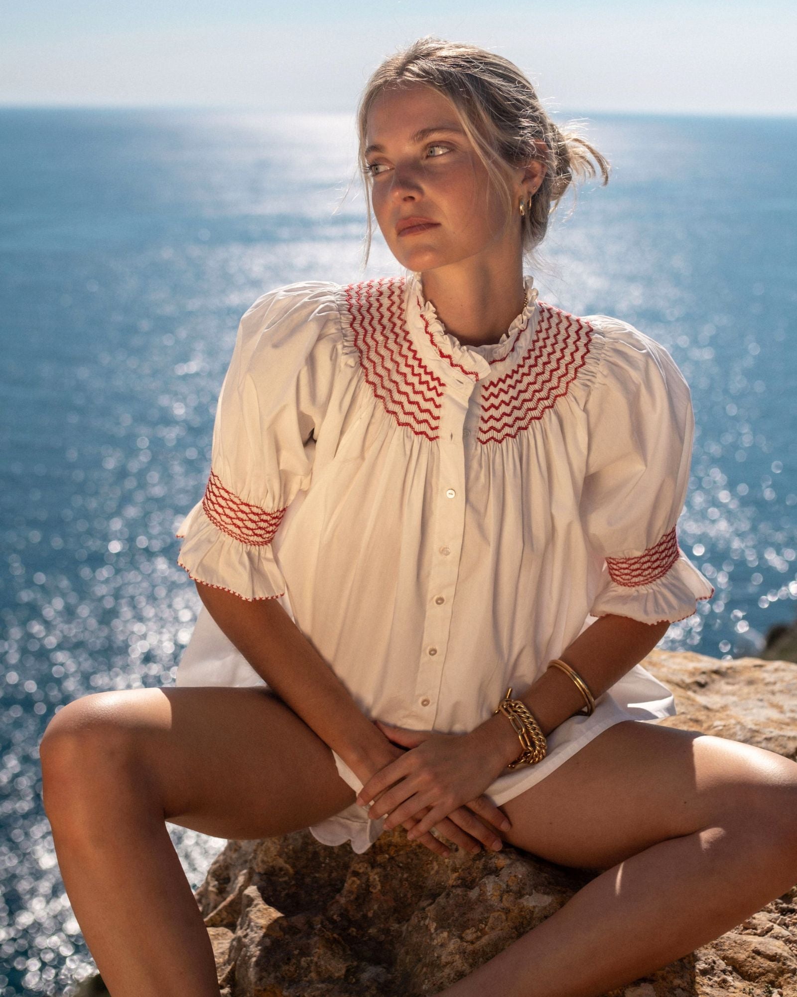 Scholl Women's Summer Blouse White with Pillar Box Red Hand Smocking