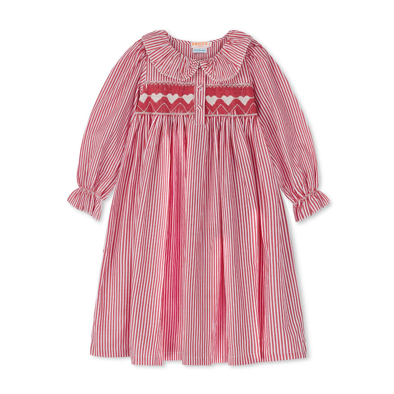 1-2 & 2-3y Samantha Varvel x Smock London Nightingale Girl's Dress Gingerbread Stripes with Snow Heart Hand Smocking