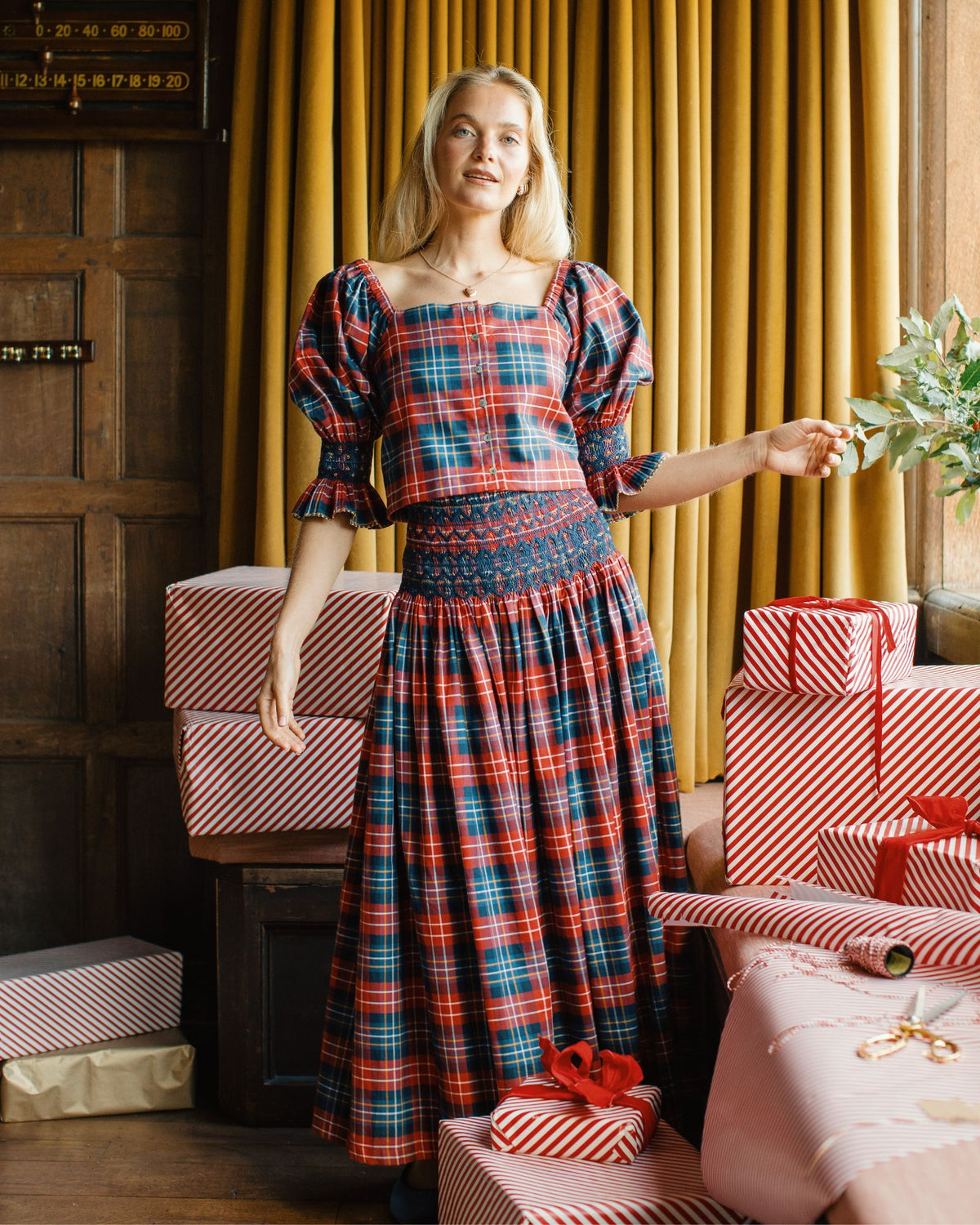 Sappho Blouse Wallace Tartan with Midnight Sparkle Hand Smocking