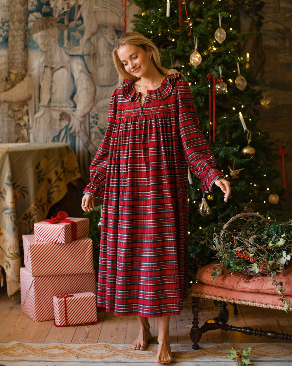 Nightingale Women's Dress Scott Tartan with Hearts of Gold Hand Smocking