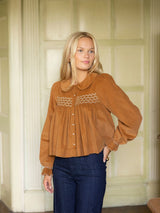 Marie Curie Blouse Butterscotch Needlecord with Spiced Vanilla Hand Smocking