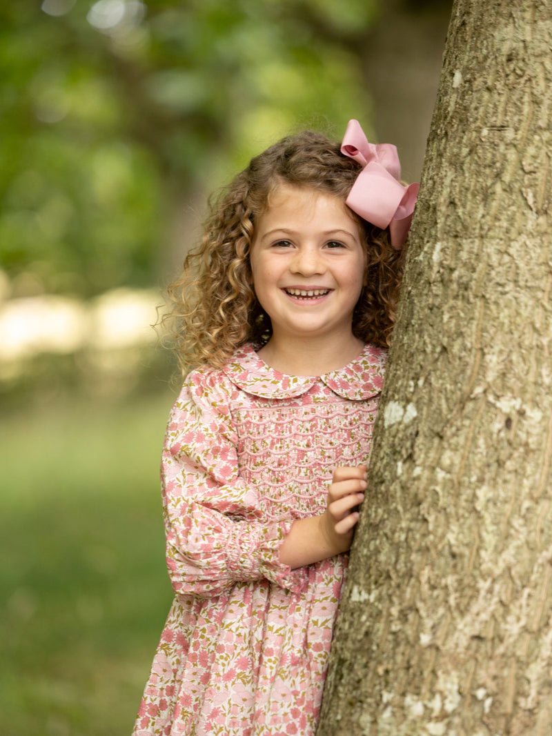 Antoinette Dress with Raspberry Crumble Hand Smocking made with Liberty Poppies & Daisies Fabric