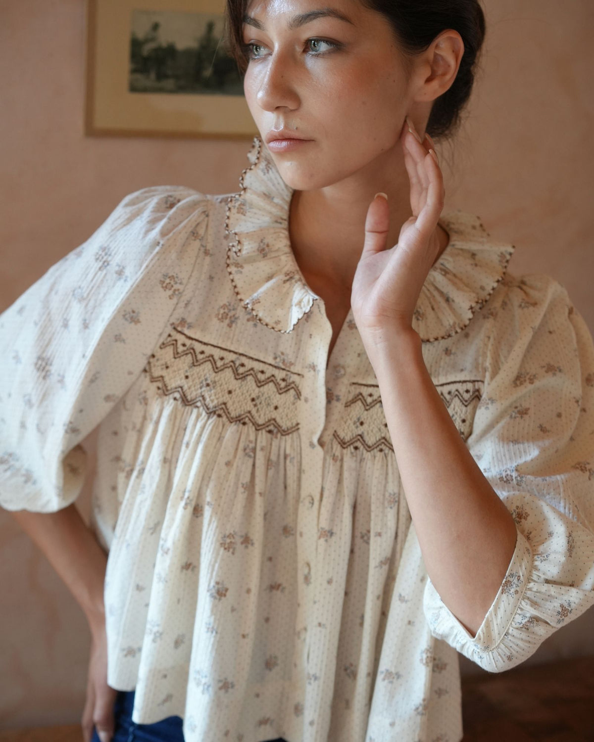 Marie Curie Blouse Tea Posie with Toffee Cream Hand Smocking