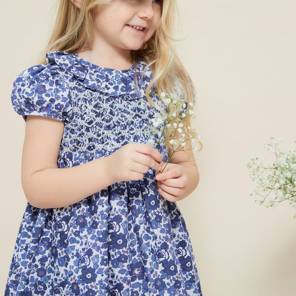 Katherine Johnson Dress Liberty Betsy Blue with Lightening Hand Smocking