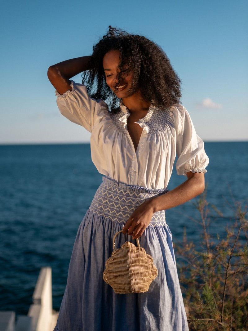 Sullivan Skirt Chambray Linen with White Hand Smocking