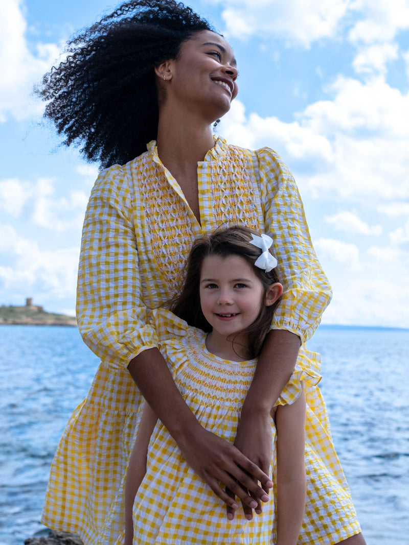 Billie Holiday Short Dress Yellow Submarine Seersucker with Lychee Lemonade Hand Smocking
