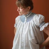 Scholl Blouse Paint Prick Linen with Navy Hand Smocking Edition 57