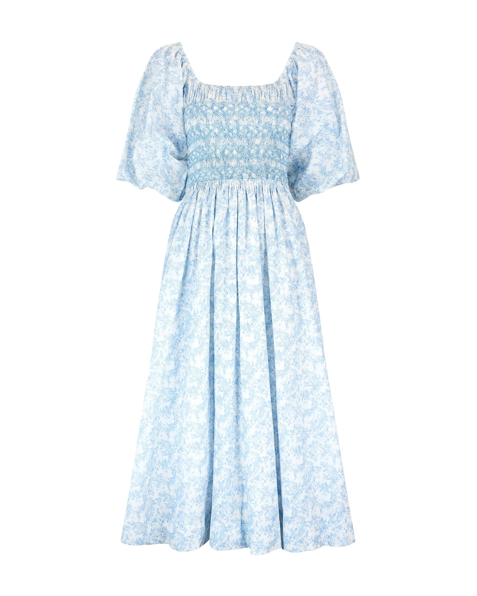 My Mulberry House x Smock London Scarlett Dress Toile des Champs with Delphinium Hand Smocking