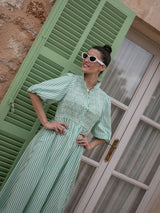 Victoria Woodhull Dress Green Goddess Stripe with Chantilly Hand Smocking