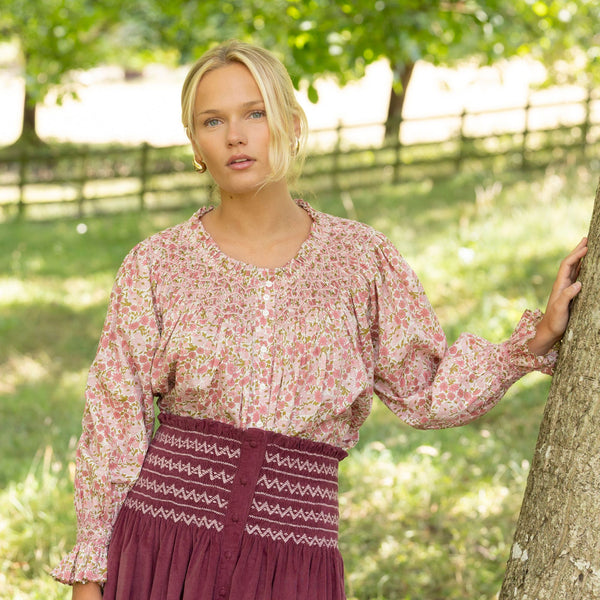 Cleopatra Blouse with Hedgerow Haze Hand Smocking made with Liberty Poppies and Daisies Edition 30
