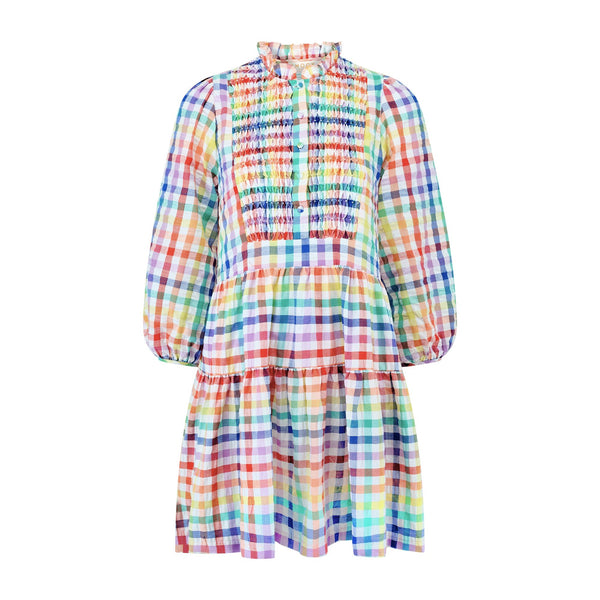 Billie Holiday Short Dress Rainbow Gingham with Prism Hand Smocking