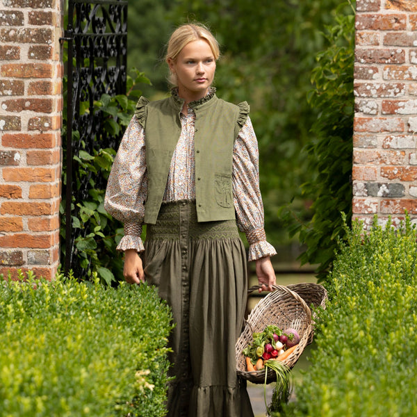 C J Walker Waistcoat Moss Needlecord with Through the Branches Hand Smocking Edition 3