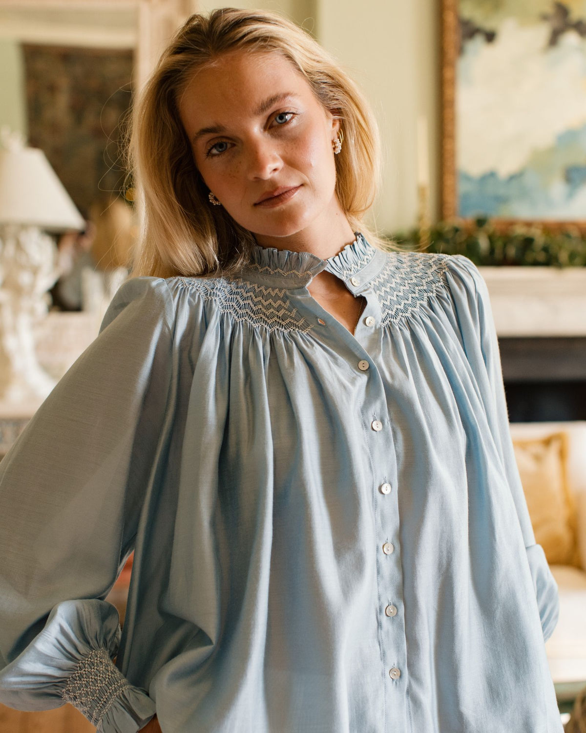 Scholl Blouse Celeste Silk Cotton Opalite Hand Smocking Edition 70