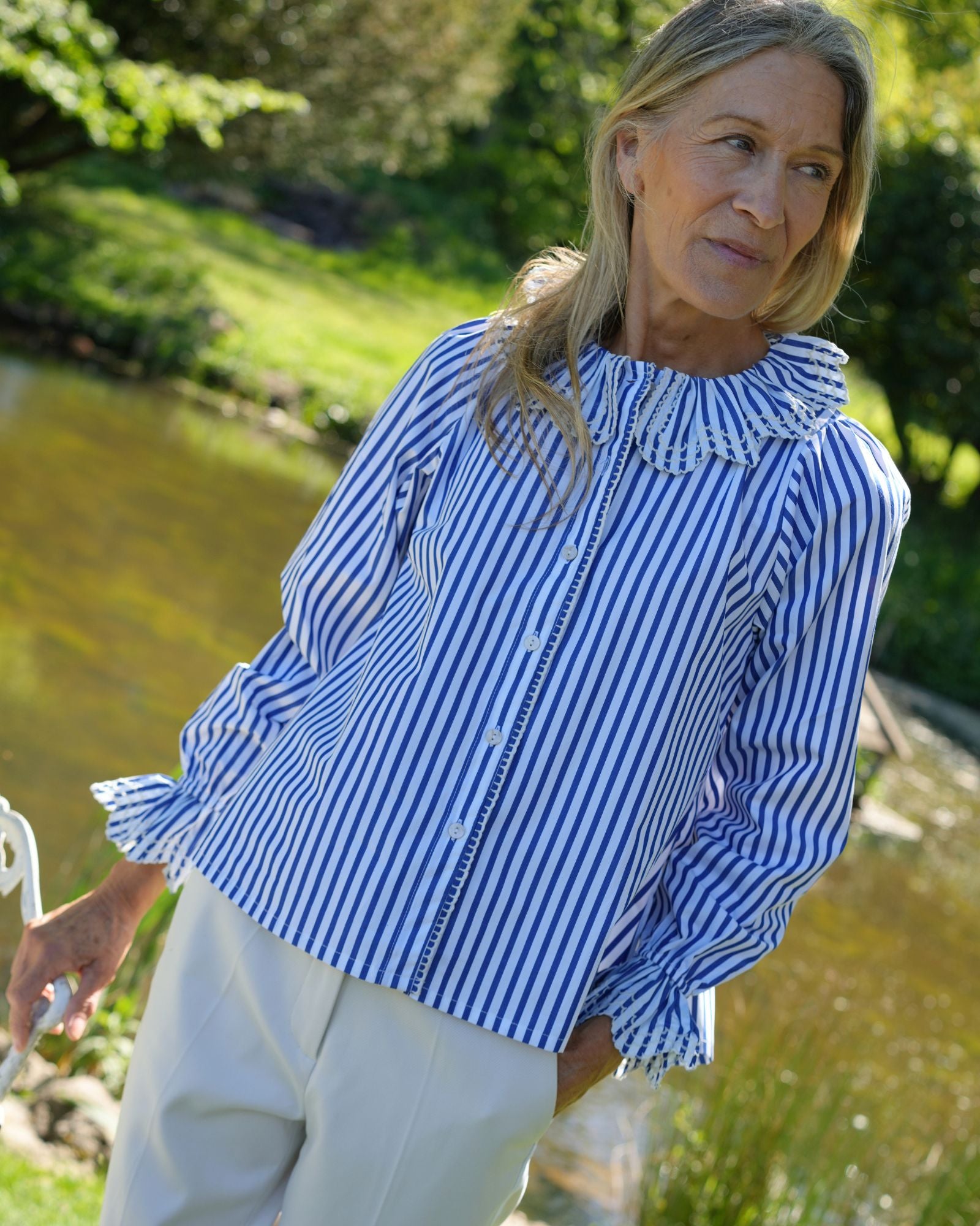 Bronte Blouse Sailor Stripe Sea Foam Embroidery
