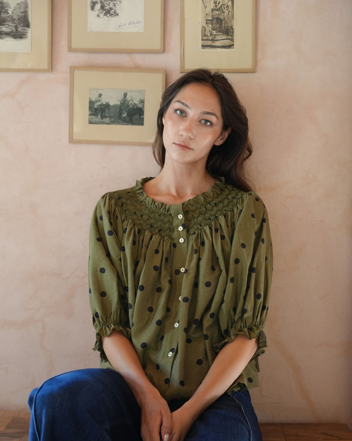 Cleopatra Blouse Khaki Polka Dot with Dirty Martini Hand Smocking Edition 45
