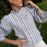 Shelley Blouse Blue Monday Stripe Linen with Paradise Fish Hand Smocking Edition 12