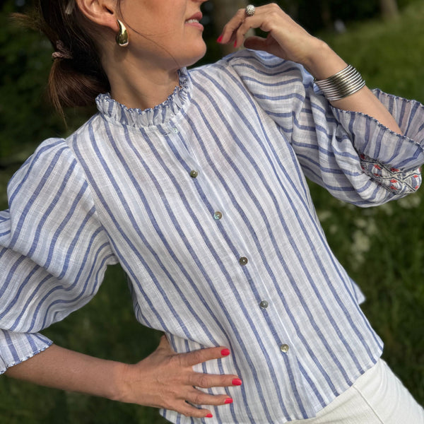 Shelley Blouse Blue Monday Stripe Linen with Paradise Fish Hand Smocking Edition 12