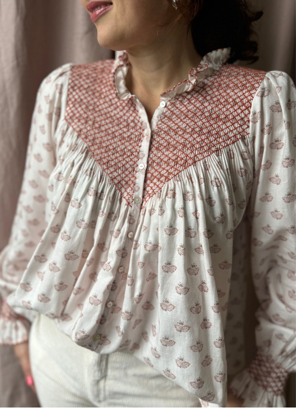 Large Rosa Parks Blouse Terracotta Paisley Brushed Cotton With Butterscotch Smocking Edition 6