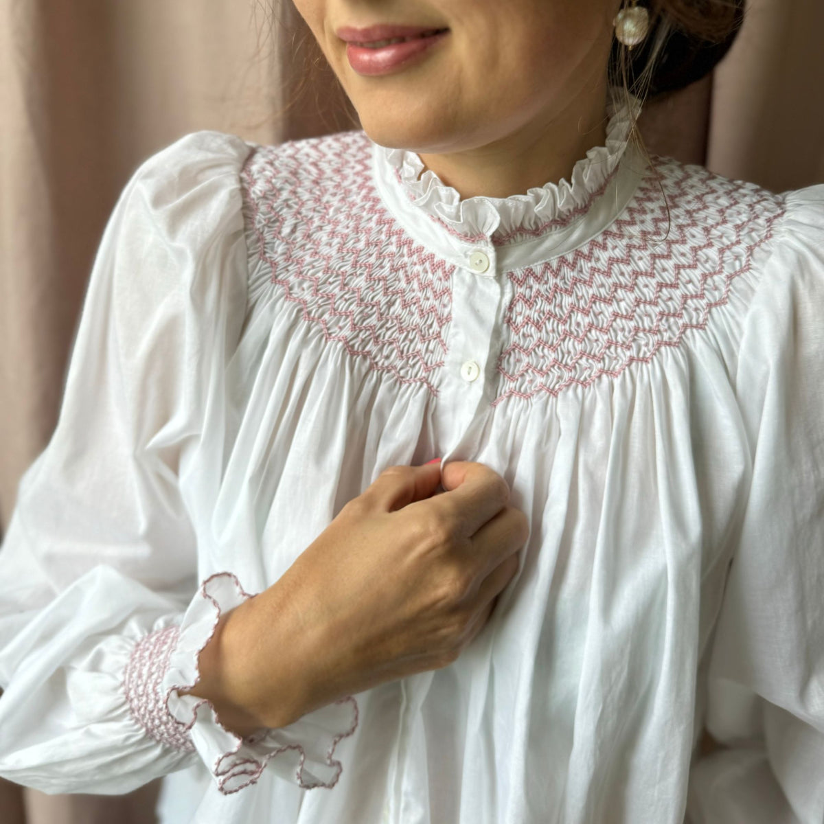 Small Scholl Women's Blouse White with Kir Royale Hand Smocking