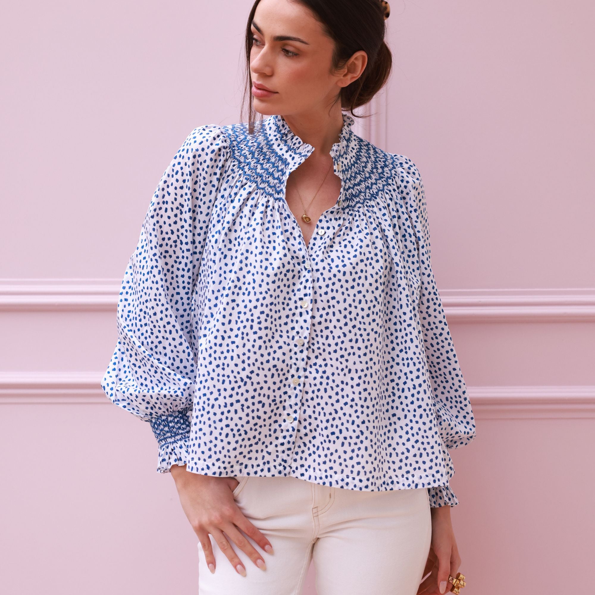 Scholl Blouse Blue Leopard with Sapphire Hand Smocking Edition 64
