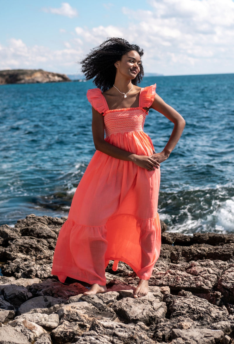 The Wallis Simpson Dress Coral Dreams Organdie with Chantilly Hand Smocking