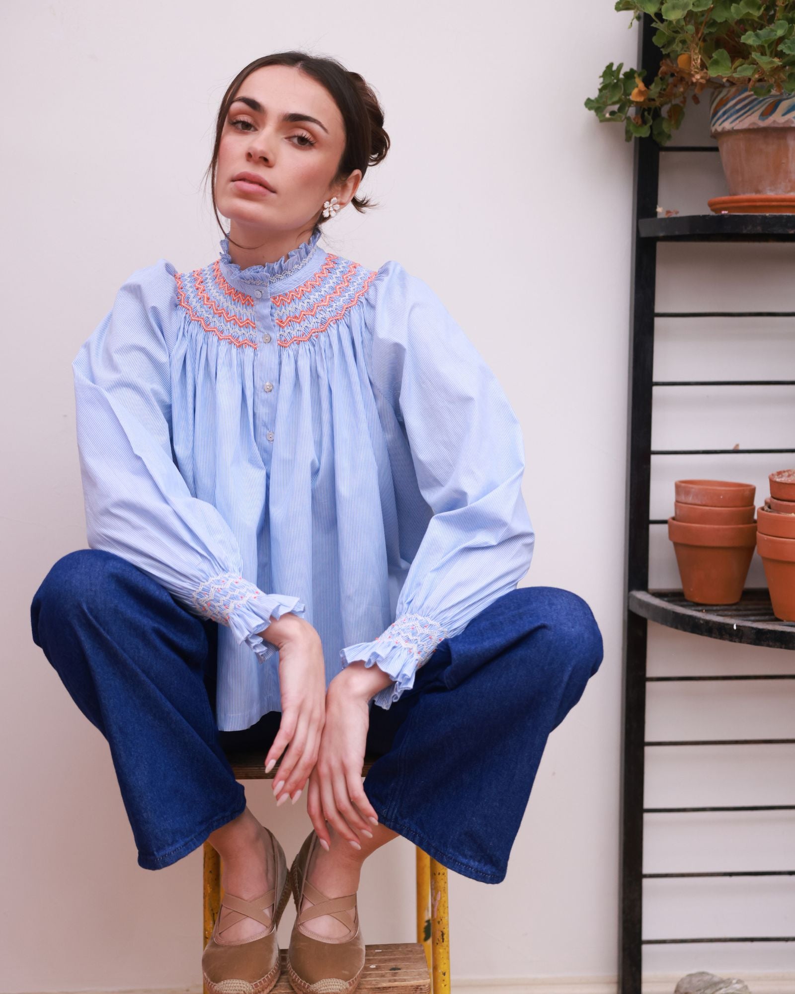 Scholl Blouse Oxford Stripe with Orange Blossom Hand Smocking Edition 62