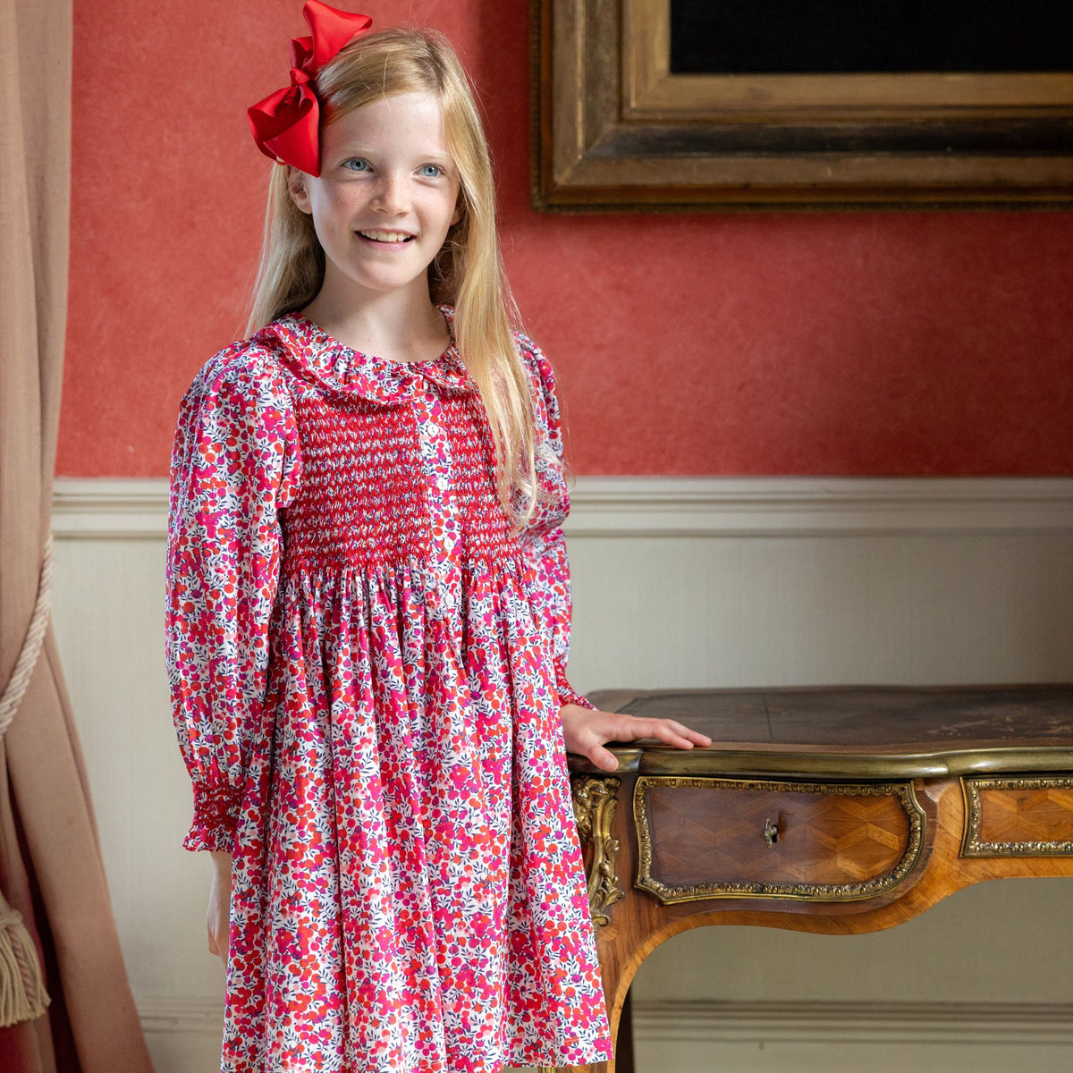 Elizabeth Blackwell Dress Crimson Hand Smocking made Liberty Wiltshire Fabric