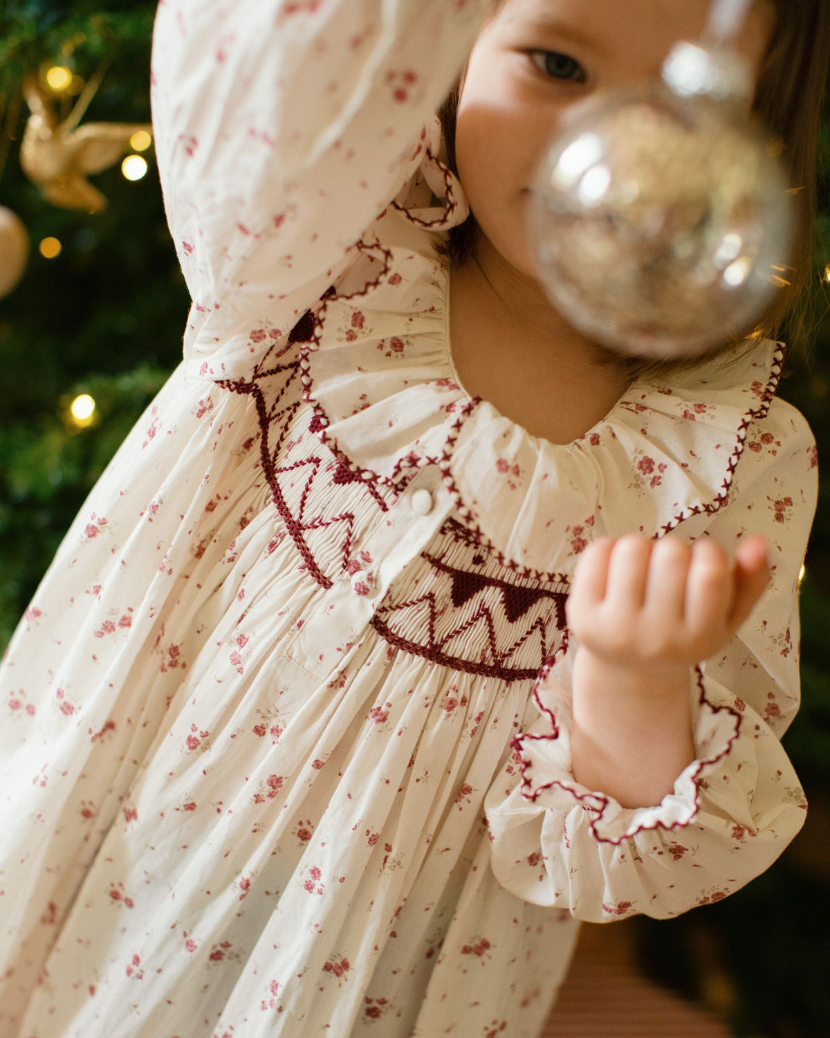 Nightingale Girl's Dress Yuletide Floral with Cranberry Hand Smocking