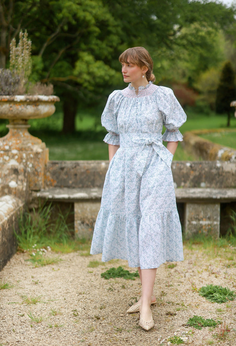 Ada Lovelace Dress Flower Field Linen with Cherry Blossom Hand Smocking