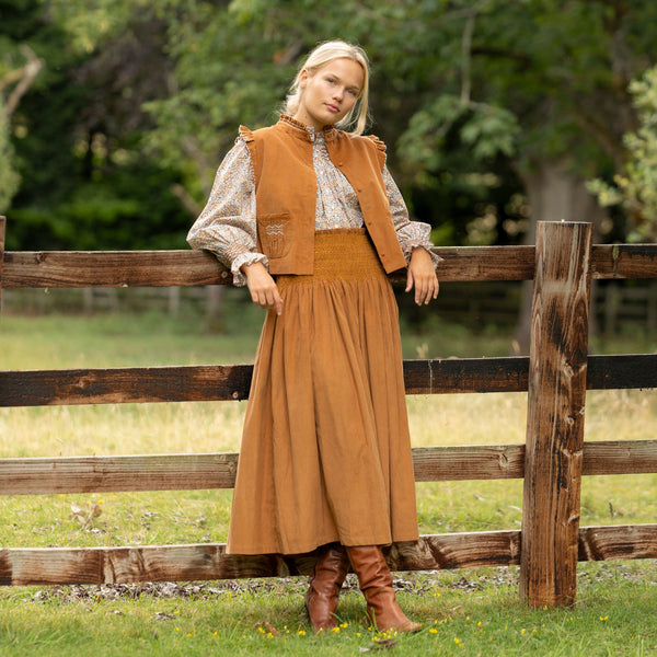 Sullivan Women's Skirt Butterscotch Needlecord with Spiced Vanilla Hand Smocking