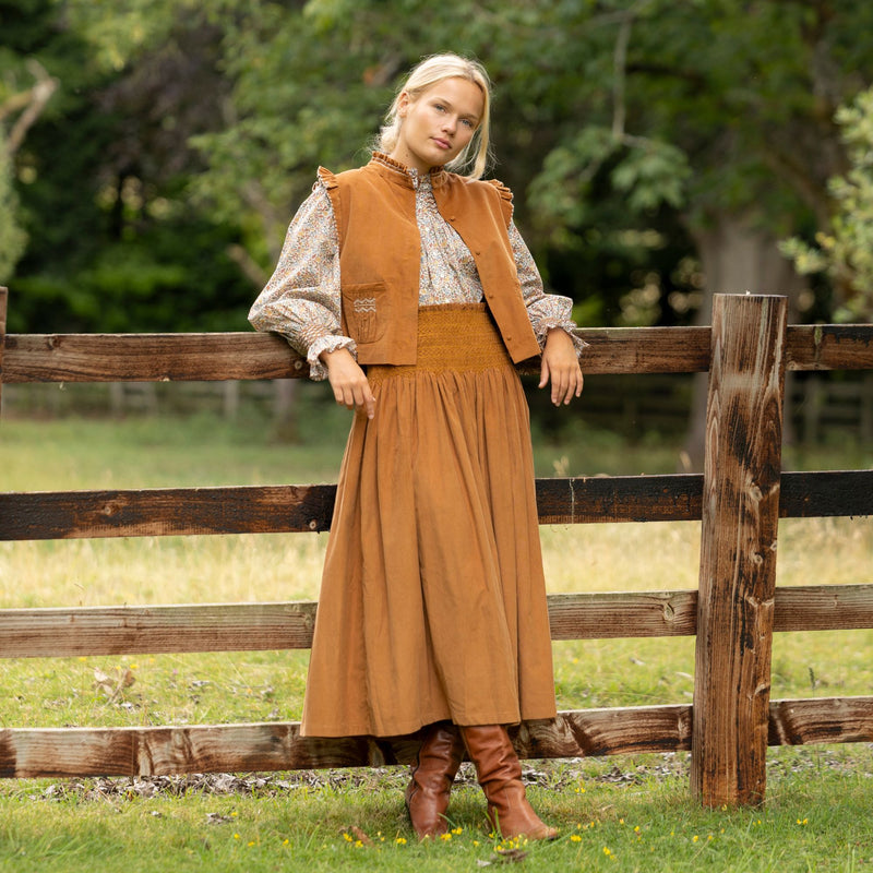 Sullivan Women's Skirt Butterscotch Needlecord with Spiced Vanilla Hand Smocking